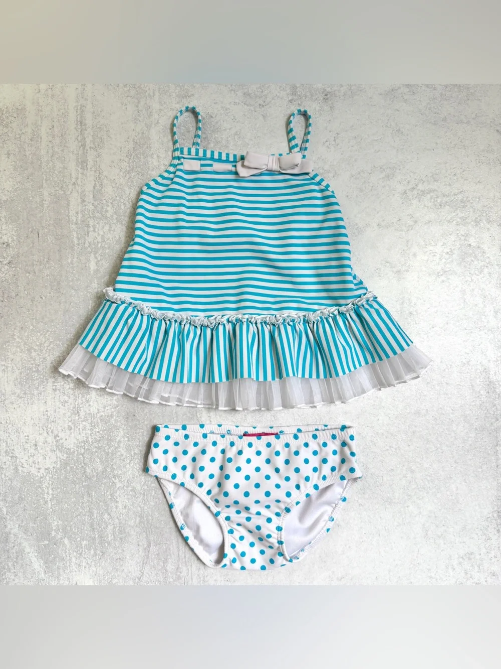 18M👙 Kate Mack Aqua Stripe Tutu Ruffle Tankini Swimsuit Set w Polka Dot Bottom